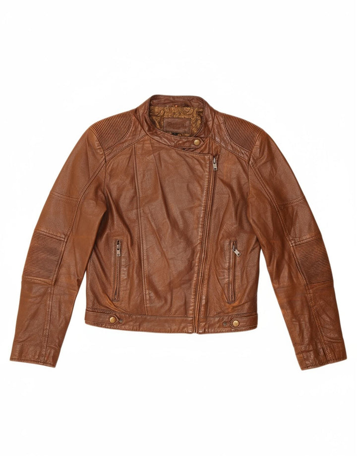CONBIPEL Womens Crop Leather Racer Jacket IT 42 Medium Brown Leather