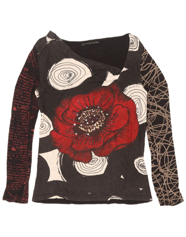 Desigual Womens Graphic Top Langarm UK 12 Mittelschwarze Viskose mit Blumenmuster