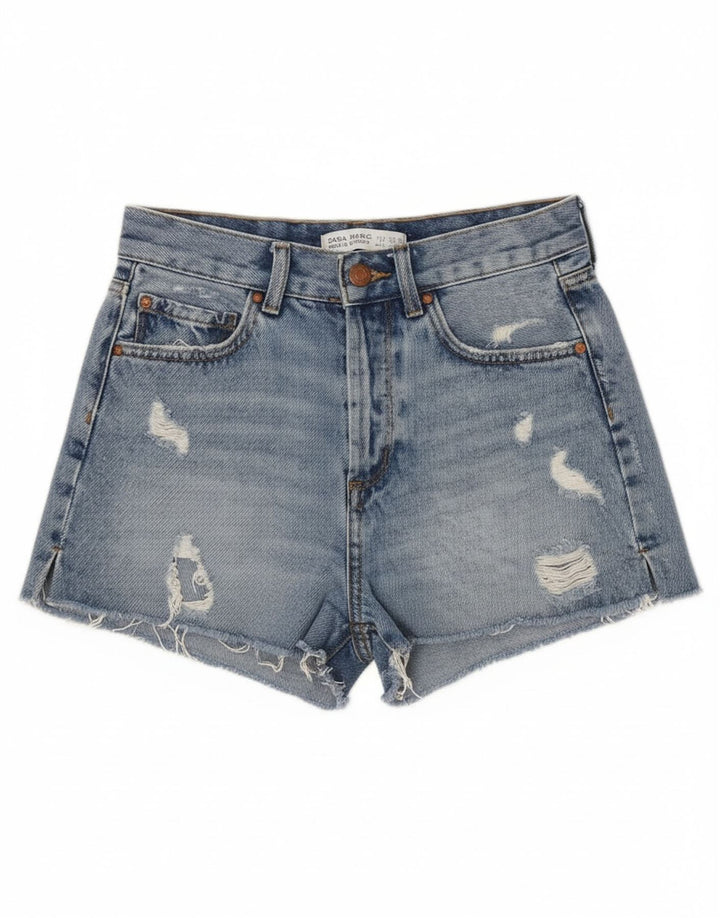 Zara Damen Distressed Denim Shorts EU 34 2XS W24 Blau