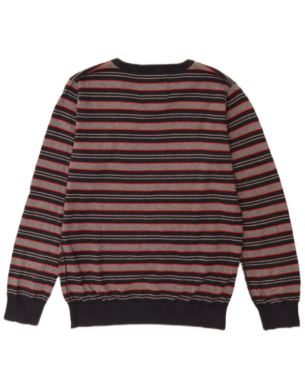 Jack & Jones Herren-Pullover mit V-Ausschnitt aus mittelgrauer, gestreifter Baumwolle