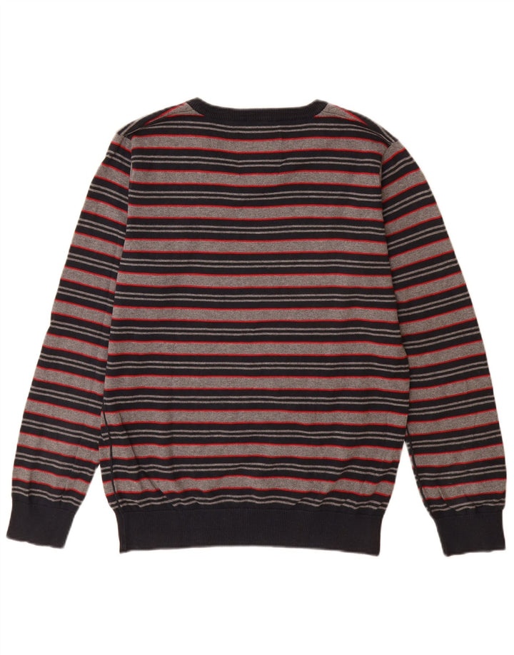 Jack & Jones Herren-Pullover mit V-Ausschnitt aus mittelgrauer, gestreifter Baumwolle