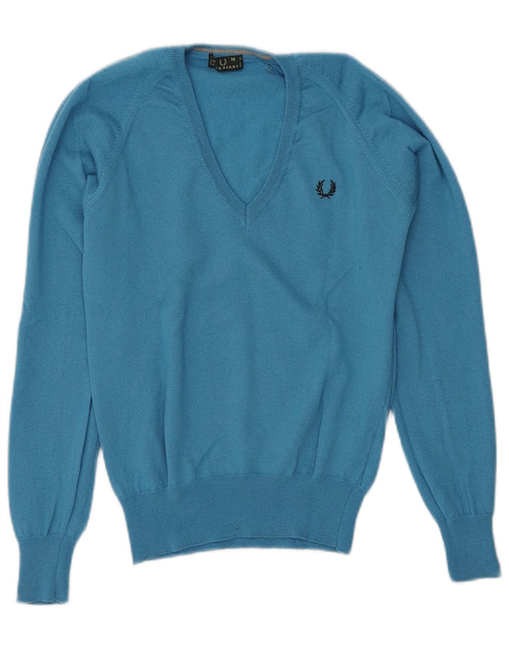 Fred Perry Damen-Pullover mit V-Ausschnitt, UK 12, mittelblaue Wolle