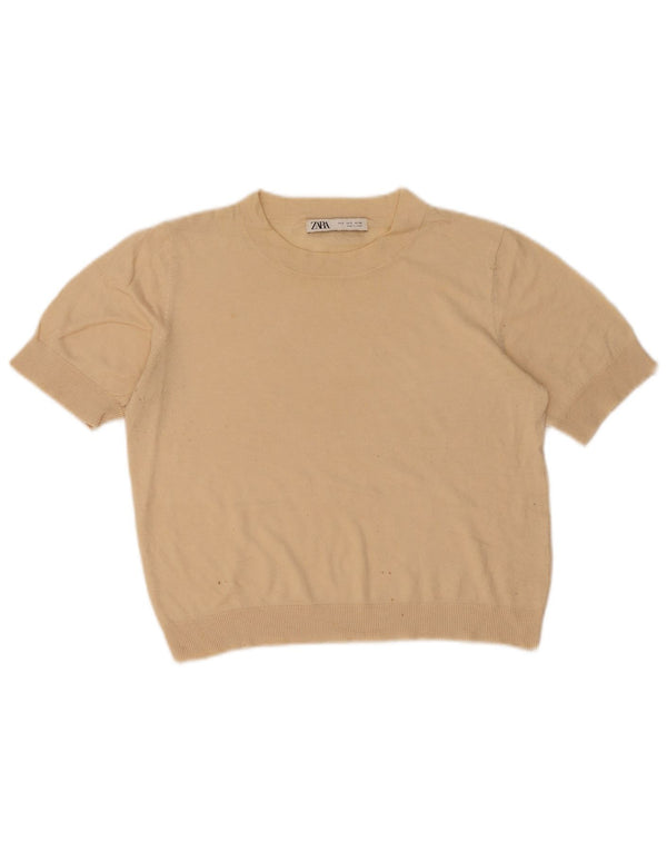 Zara Womens Crop Short Sleeve Crew Neck Jumper Sweater UK 10 Small Beige