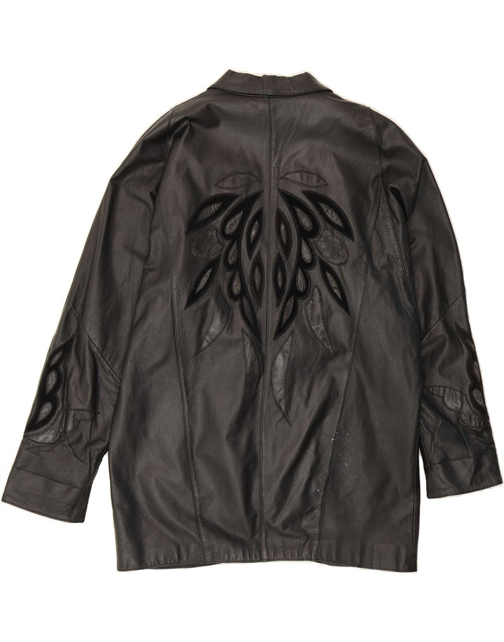 VINTAGE Womens Abstract Pattern Leather Coat EU 42 Large Black Leather Vintage Vintage and Second-Hand Vintage from Messina Hembry 