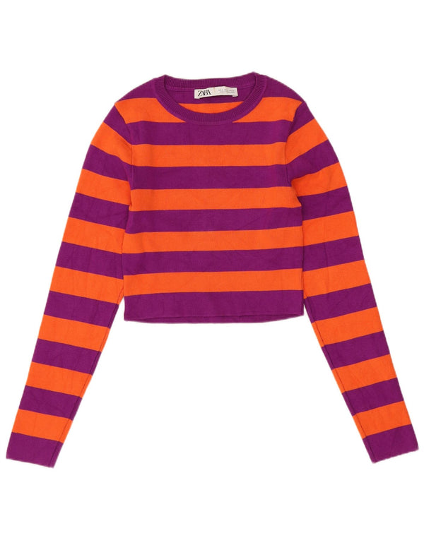 ZARA Damen Crop-Pullover mit U-Boot-Ausschnitt, Gr. 8, klein, lila gestreift