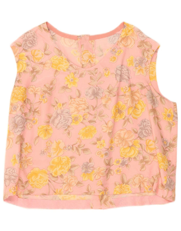 Vintage Damen Ärmelloses Blusentop UK 12 Mittelrosa geblümt