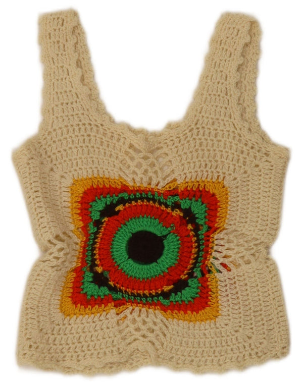 Vintage Damen Gehäkeltes ärmelloses Crop Top UK 4 XS Off White Geometrisch