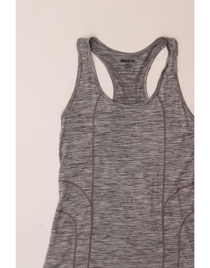 REEBOK Womens Vest Top UK 8 Small Grey Pinstripe Polyester Vintage Reebok and Second-Hand Reebok from Messina Hembry 