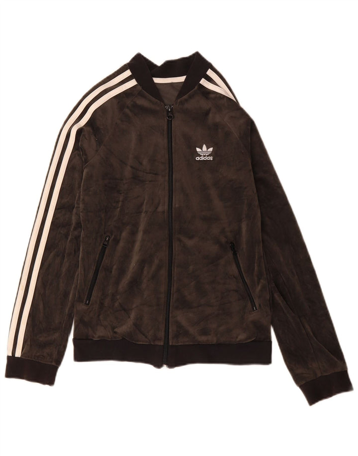Adidas Mädchen-Trainingsanzugoberteil aus Velours mit grafischer Grafik, 11–12 Jahre, graues Polyester