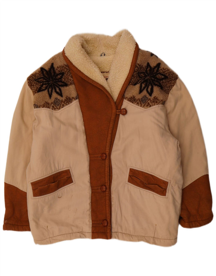 Vintage Damen Übergroße Sherpa-Jacke UK 18 XL Beige Fair Isle Polyester