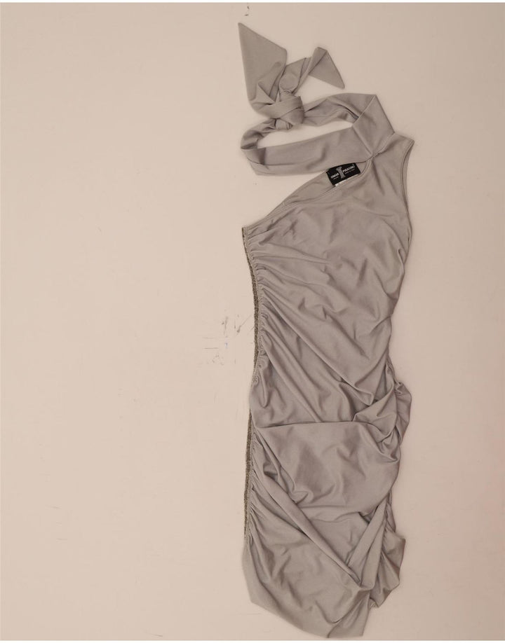 Vintage Damen One-Shoulder-Kleid UK 12 Medium Silber Polyamid