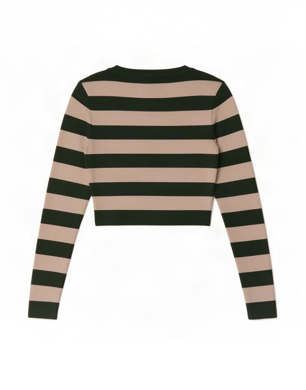 Zara Damen Crop Top Langarm UK 8 Small Grün gestreifte Viskose