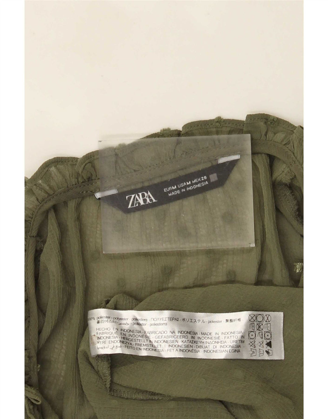Durchsichtiges Damen-Blusenoberteil mit 3/4-Ärmeln von Zara, UK-Größe 44, mittleres Khaki mit Flecken