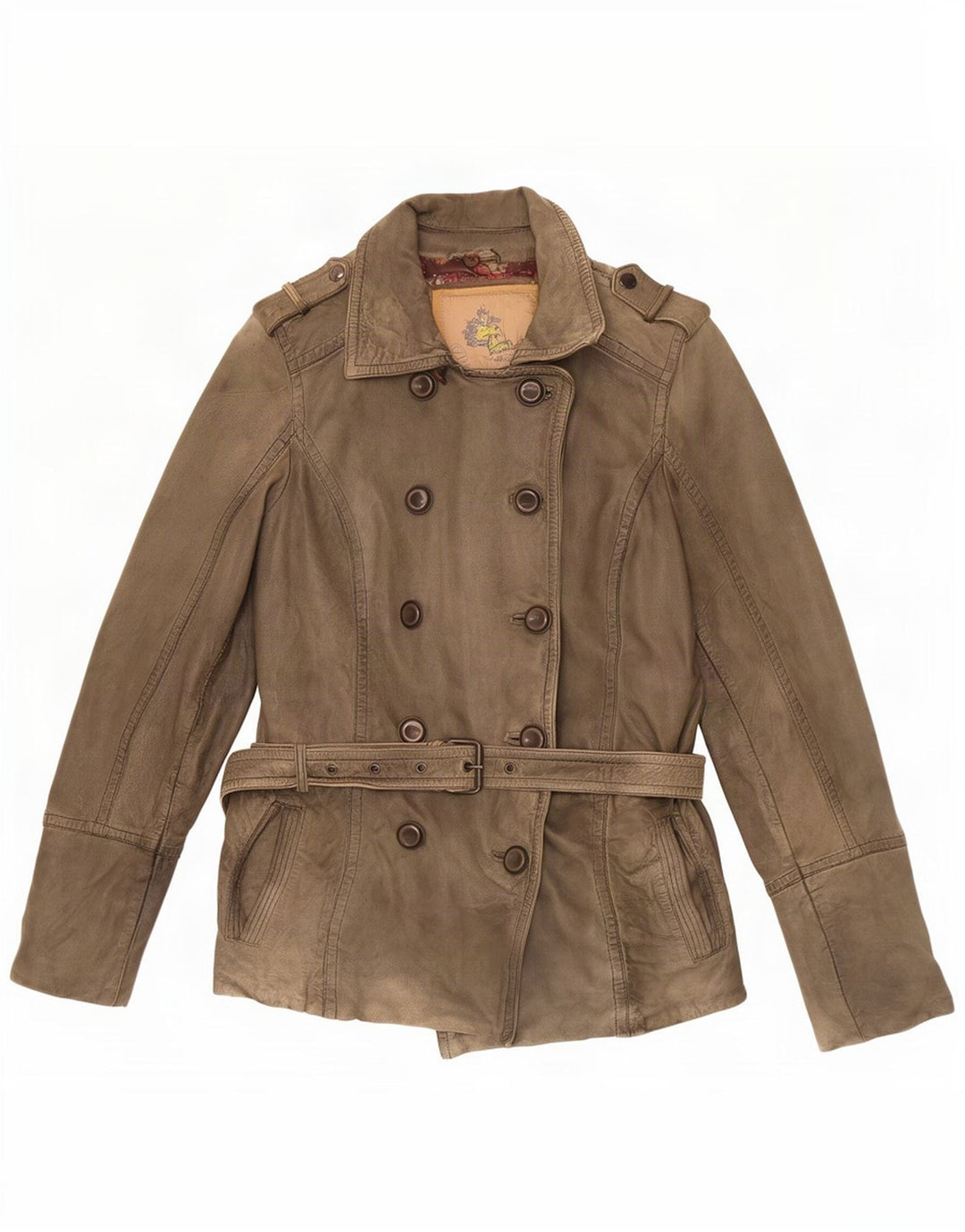 Vintage Damen Militärische Zweireihige Lederjacke EU 38 Medium Khaki