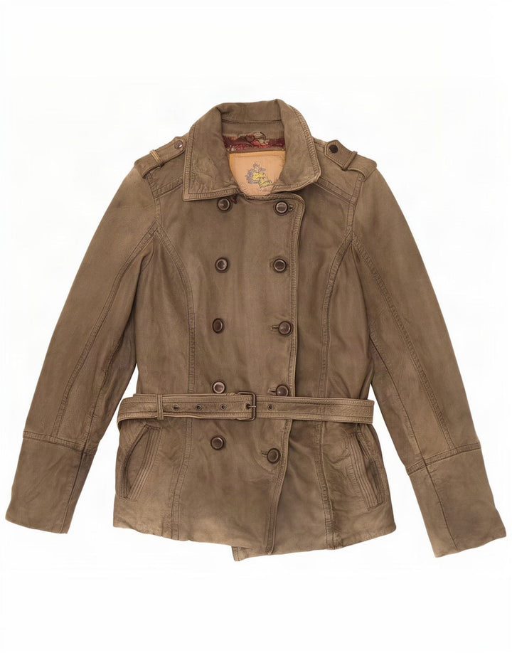 Vintage Damen Militärische Zweireihige Lederjacke EU 38 Medium Khaki