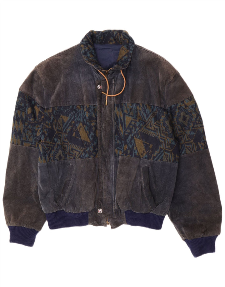 Vintage Herren Wildleder Bomberjacke UK 40 Groß Marineblau Geometrisch