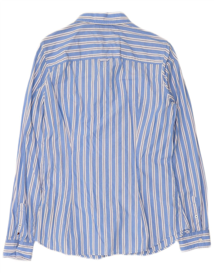 TOMMY HILFIGER Damen-Hemd mit Rüschen vorne, US 10, große blau gestreifte Baumwolle