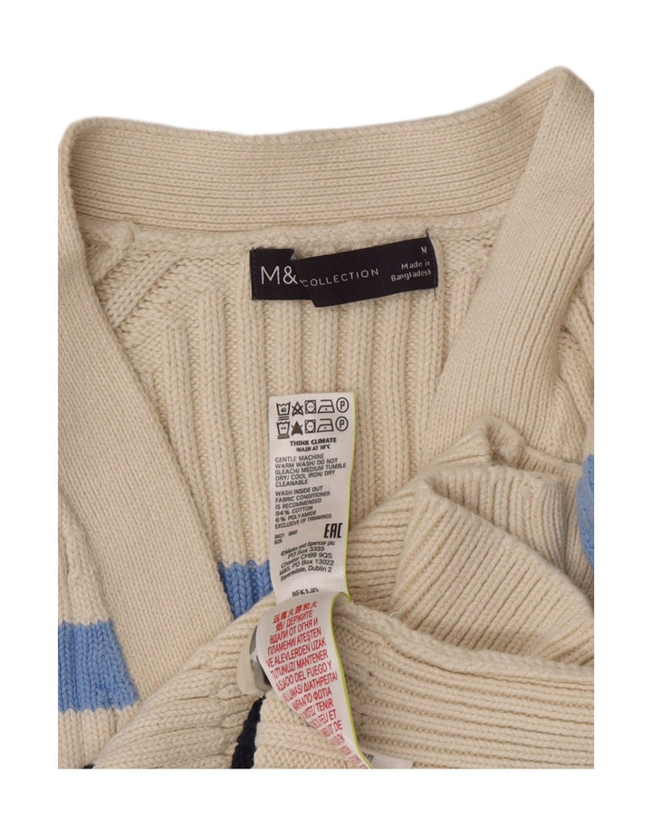 MARKS & SPENCER Womens Cardigan Sweater UK 14 Medium Beige Striped Cotton Vintage Marks & Spencer and Second-Hand Marks & Spencer from Messina Hembry 