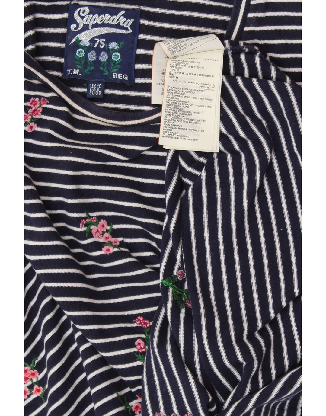 SUPERDRY Damen Top Langarm UK 10 Small Marineblau gestreift Baumwolle