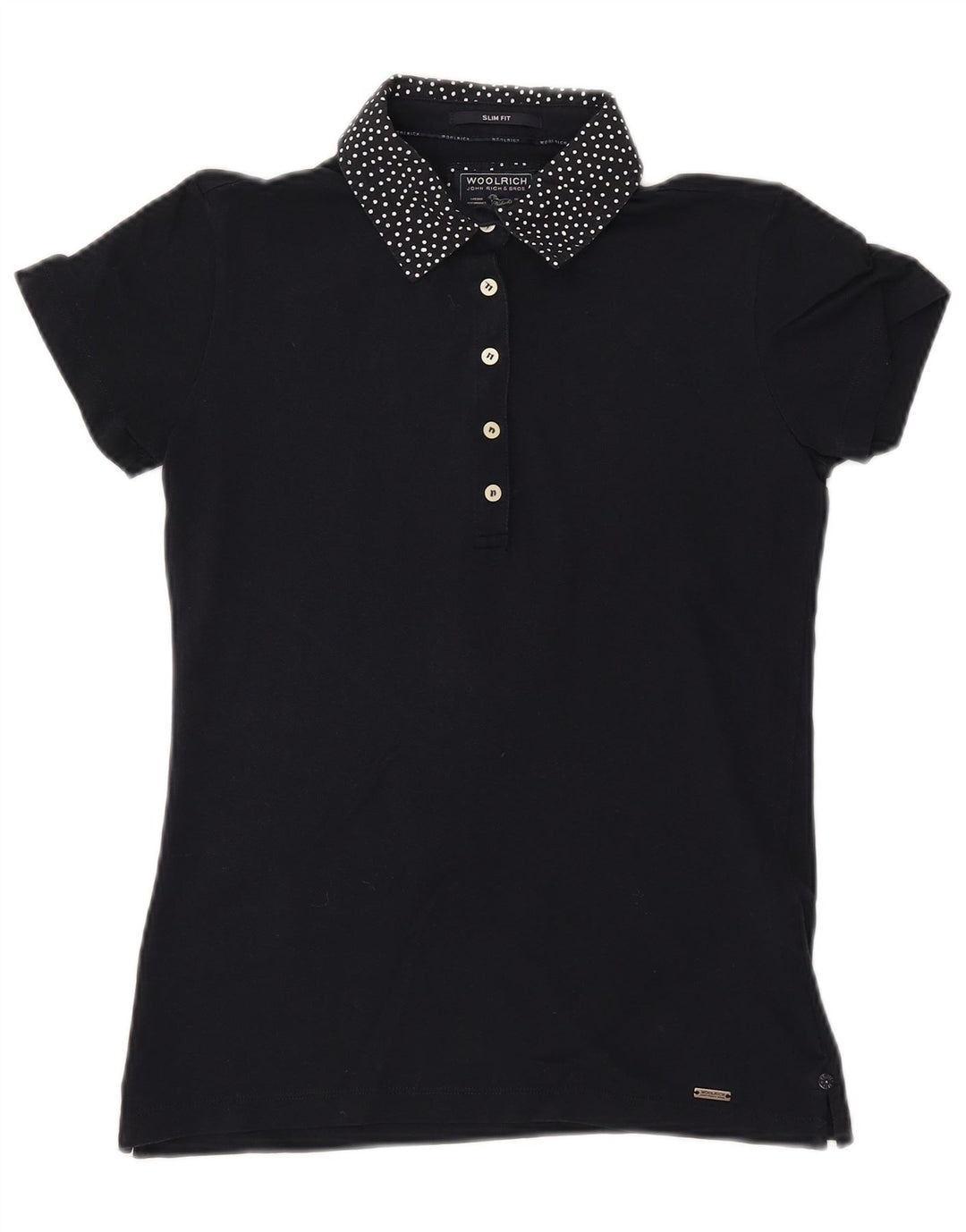 WOOLRICH Damen-Poloshirt mit schmaler Passform, UK 12, mittelmarineblau gepunktete Baumwolle