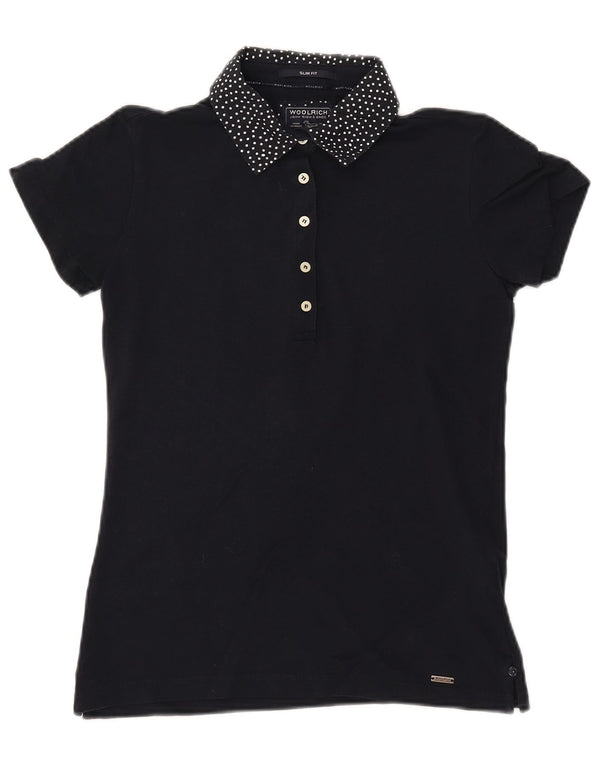 WOOLRICH Damen-Poloshirt mit schmaler Passform, UK 12, mittelmarineblau gepunktete Baumwolle