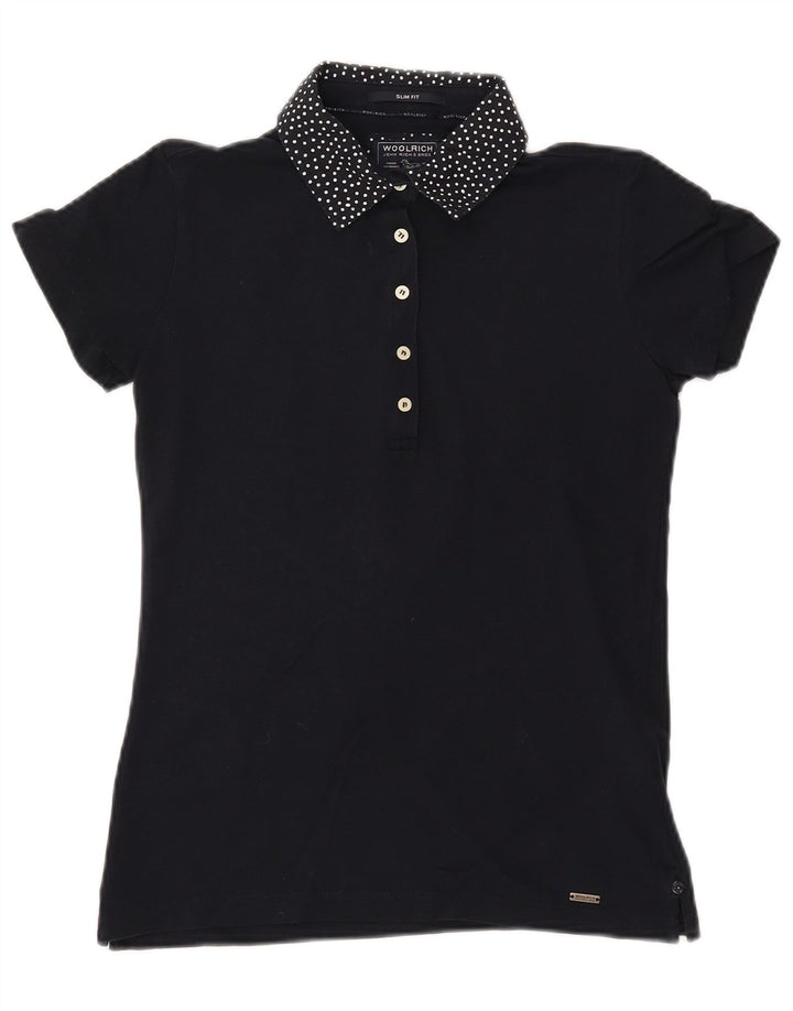 WOOLRICH Damen-Poloshirt mit schmaler Passform, UK 12, mittelmarineblau gepunktete Baumwolle