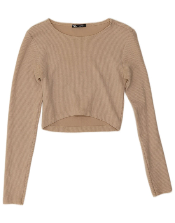 Zara Womens Crop Top Long Sleeve UK 12 Medium Beige