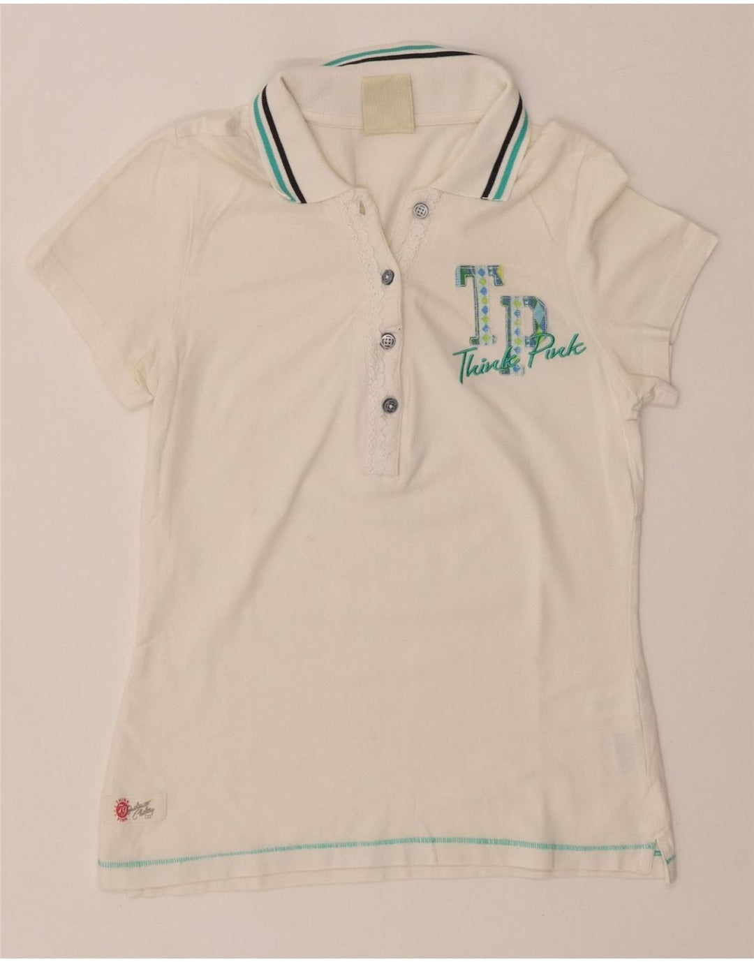 THINK PINK Damen-Poloshirt mit Grafik, UK 8, Größe S, weiße Baumwolle