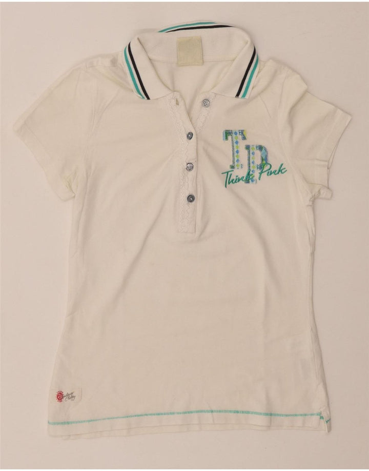 THINK PINK Damen-Poloshirt mit Grafik, UK 8, Größe S, weiße Baumwolle