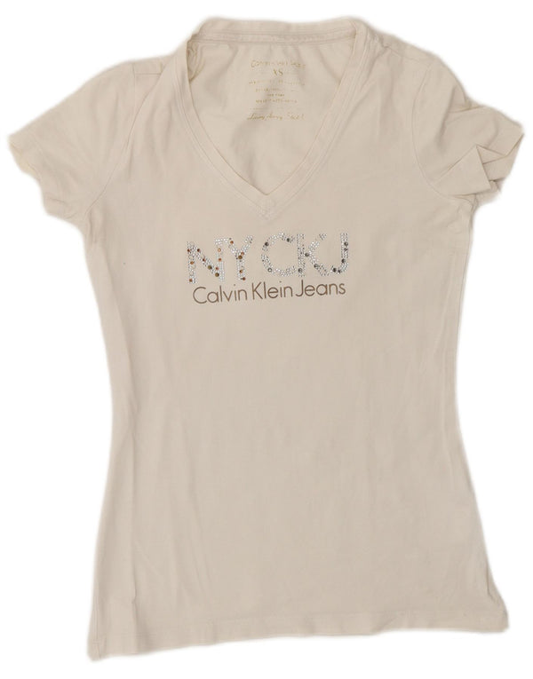 Calvin Klein Jeans Damen Grafik T-Shirt Top UK 6 XS Weiße Baumwolle