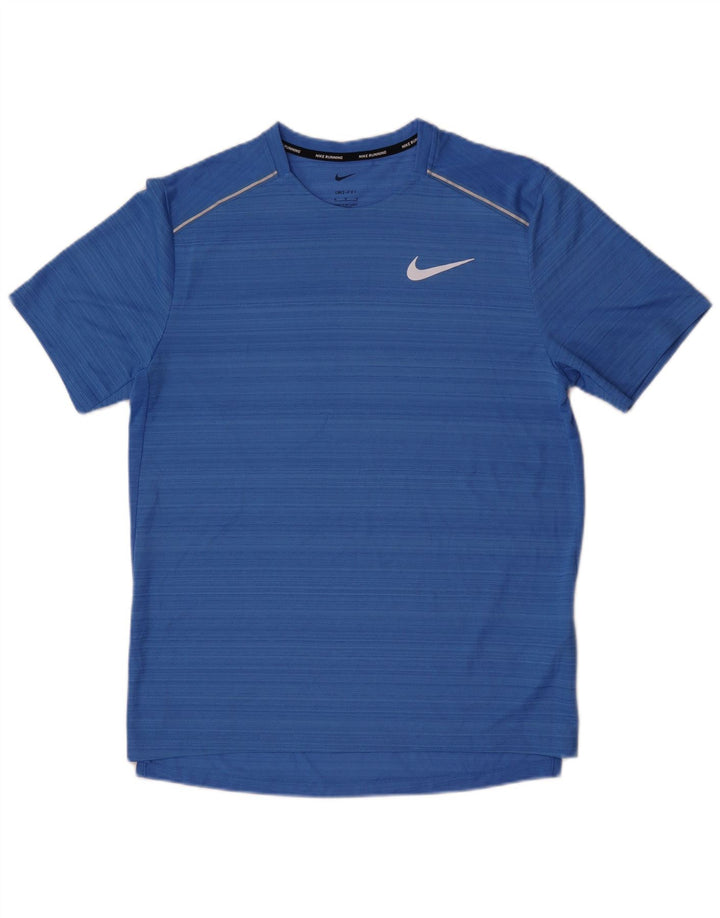 Nike Herren Dri Fit T-Shirt-Oberteil aus mittelblau gestreiftem Polyester