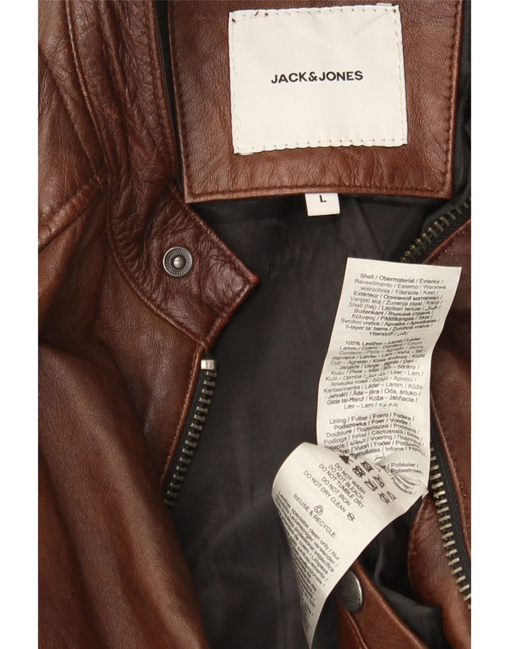 Jack & Jones Herren-Leder-Bikerjacke, Größe 40, großes braunes Leder