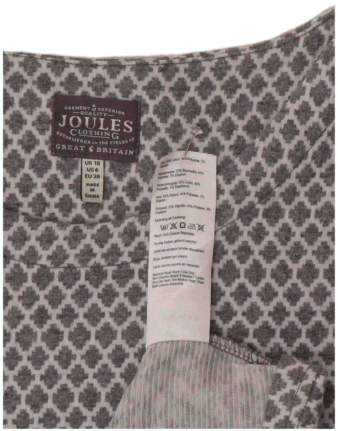 Joules Damen Langarm-Basic-Kleid UK 10 Small Graue geometrische Baumwolle