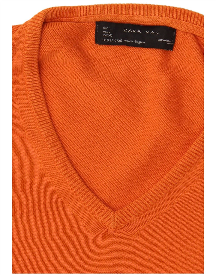 Zara Herren-Pullover mit V-Ausschnitt, groß, orange Baumwolle