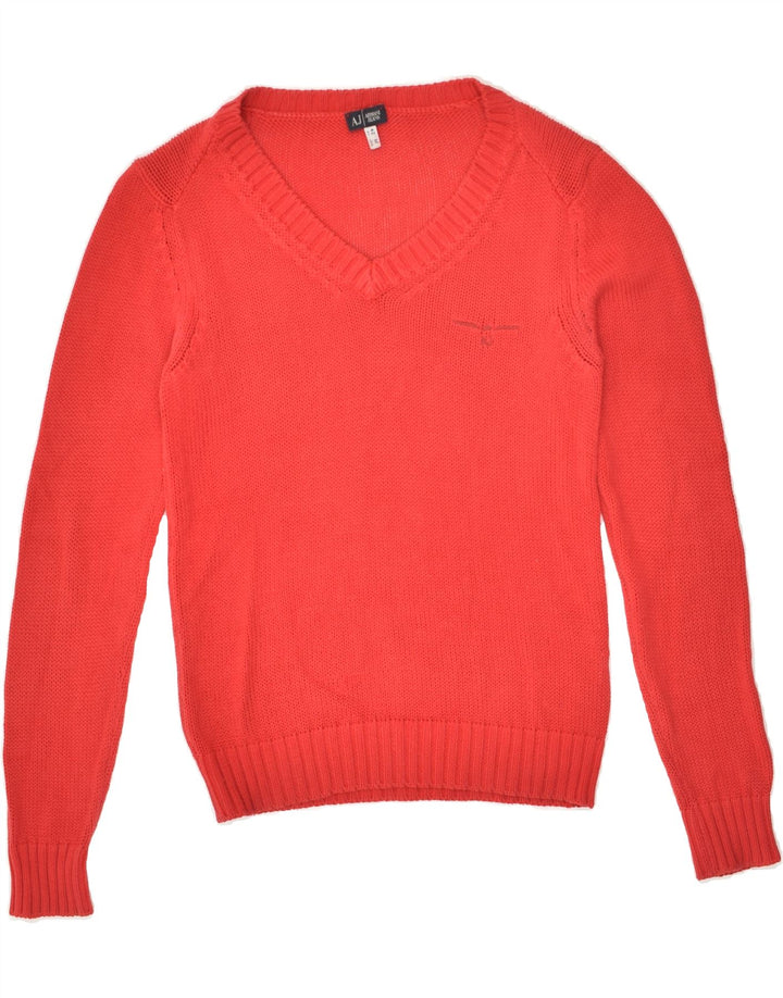 ARMANI Womens V-Neck Jumper Sweater EU 42 Large Red Cotton | Vintage Armani | Thrift | Second-Hand Armani | Used Clothing | Messina Hembry 