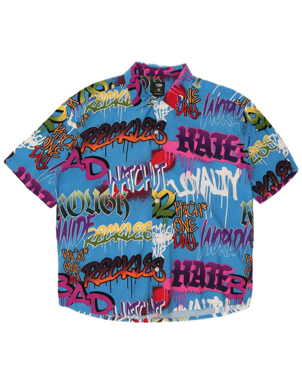 VINTAGE Herren-Oversize-Kurzarmhemd mit Grafik, klein, blau, Farbblock