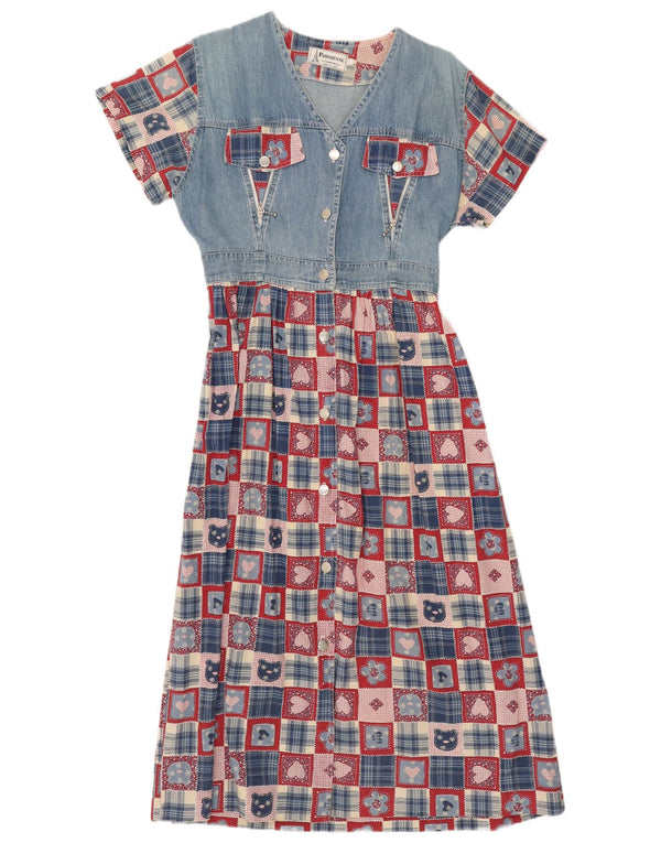 Vintage Damen A-Linie Kleid UK 14 Großes blaues Patchwork