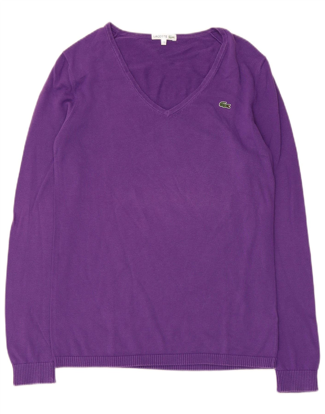 Lacoste Damen-Pullover mit V-Ausschnitt, Größe 40, mittelviolette Baumwolle