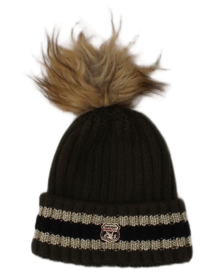 Superdry Damen Strickmütze mit Bommel, Einheitsgröße, Khaki, gestreift, Winter