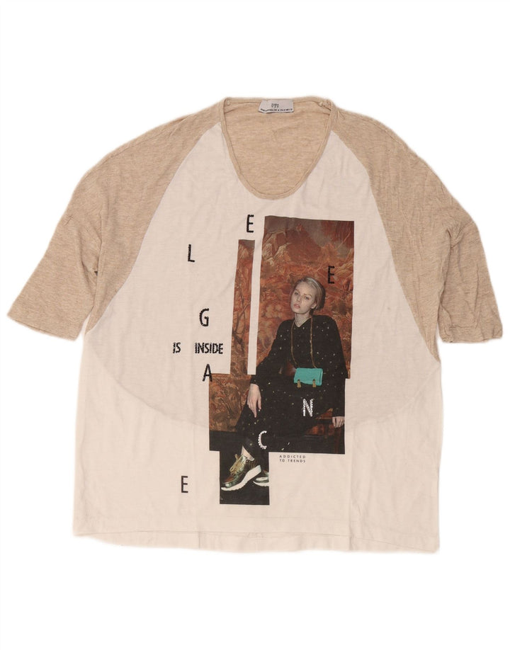 Zara Damen Grafik-T-Shirt-Oberteil UK 14 Mittelweiß Farbblock