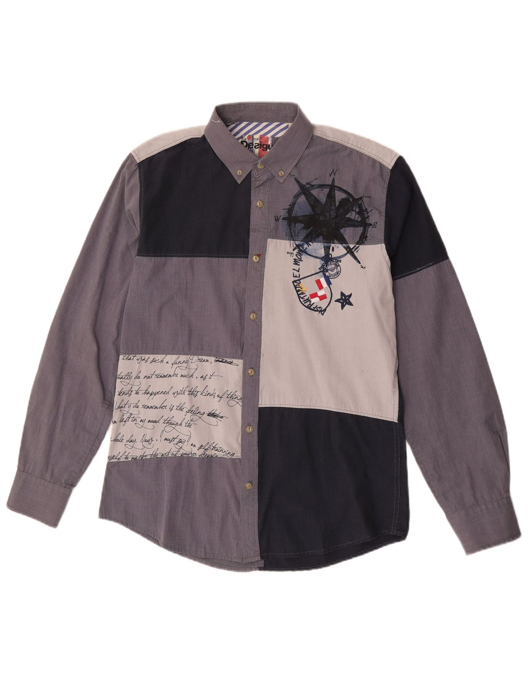 Desigual Herren-Grafikhemd aus mittelblauer Colourblock-Baumwolle