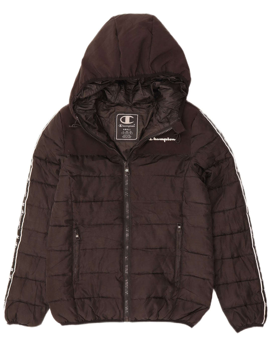 CHAMPION Mens Graphic Hooded Padded Jacket UK 36 Small Black Polyester