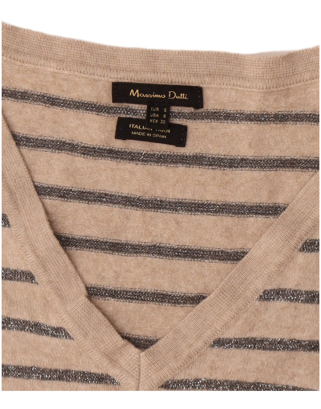 Massimo Dutti Damen-Pullover mit V-Ausschnitt, Gr. 10, Größe S, Beige, gestreift