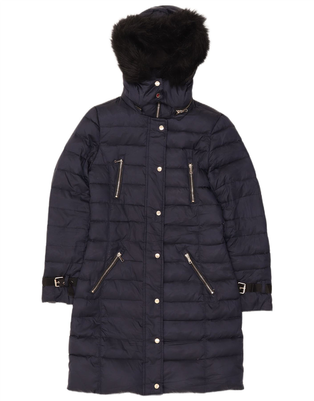 Zara Wattierter Damenmantel mit Kapuze, UK 10, Größe S, Marineblau, Polyester