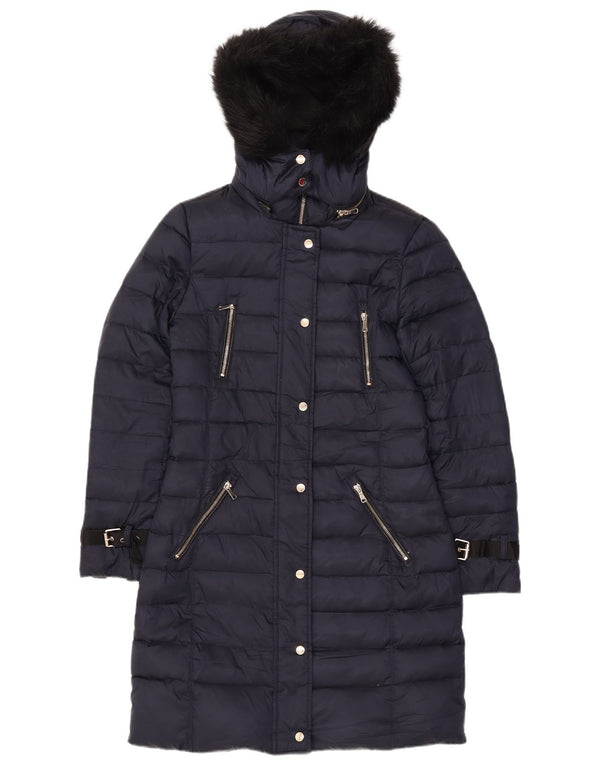 Zara Wattierter Damenmantel mit Kapuze, UK 10, Größe S, Marineblau, Polyester