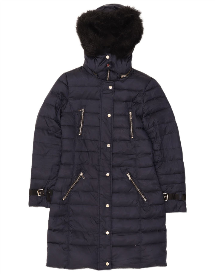 Zara Wattierter Damenmantel mit Kapuze, UK 10, Größe S, Marineblau, Polyester