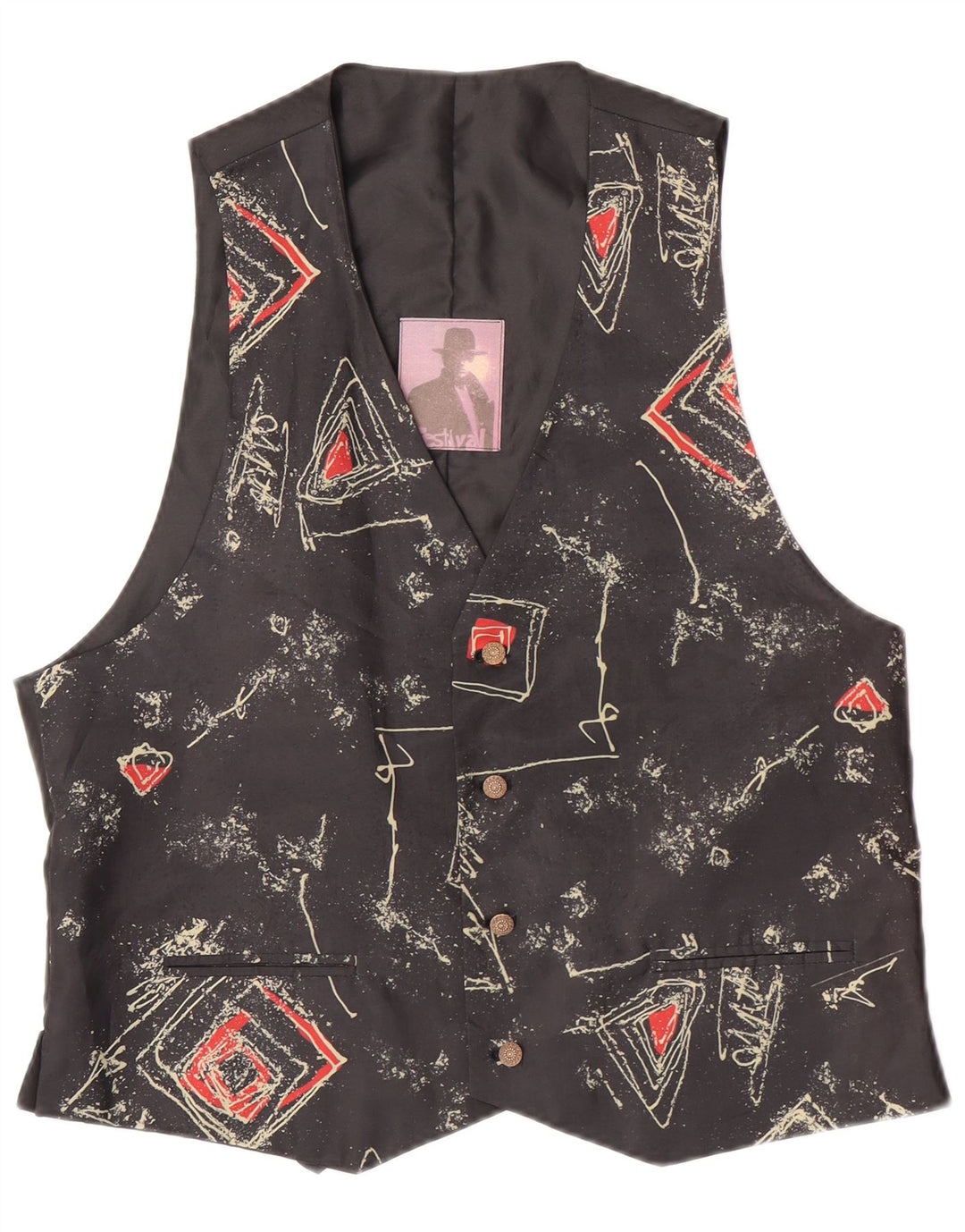 C&A Herrenweste, EU 52/54, großes, schwarzes, geometrisches Polyester