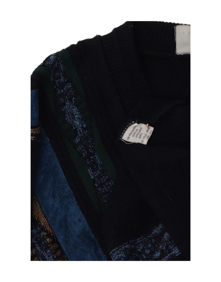 Vintage Herren Pullover mit V-Ausschnitt, groß, marineblau, geometrisch, Polyacryl