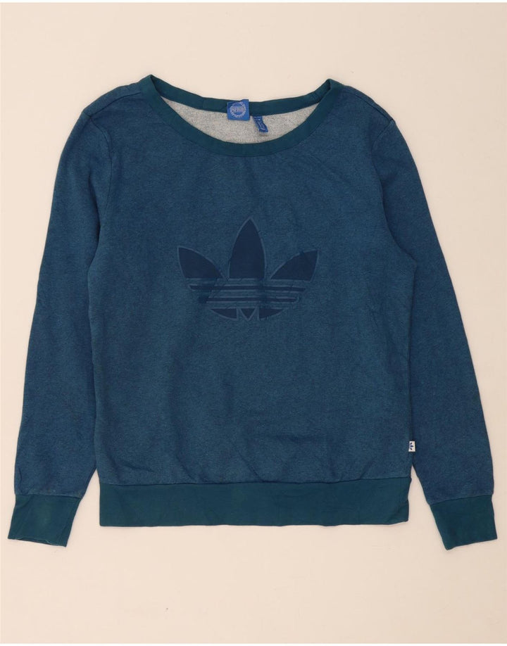 ADIDAS Womens Graphic Sweatshirt Jumper UK 12 Medium Blue Cotton Vintage Adidas and Second-Hand Adidas from Messina Hembry 