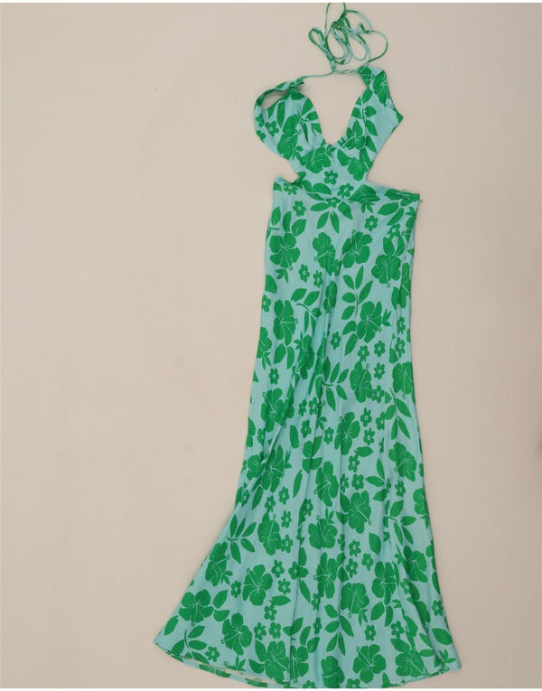 Zara Damen Maxi-Neckholder-Kleid UK 4 XS Grün geblümte Viskose